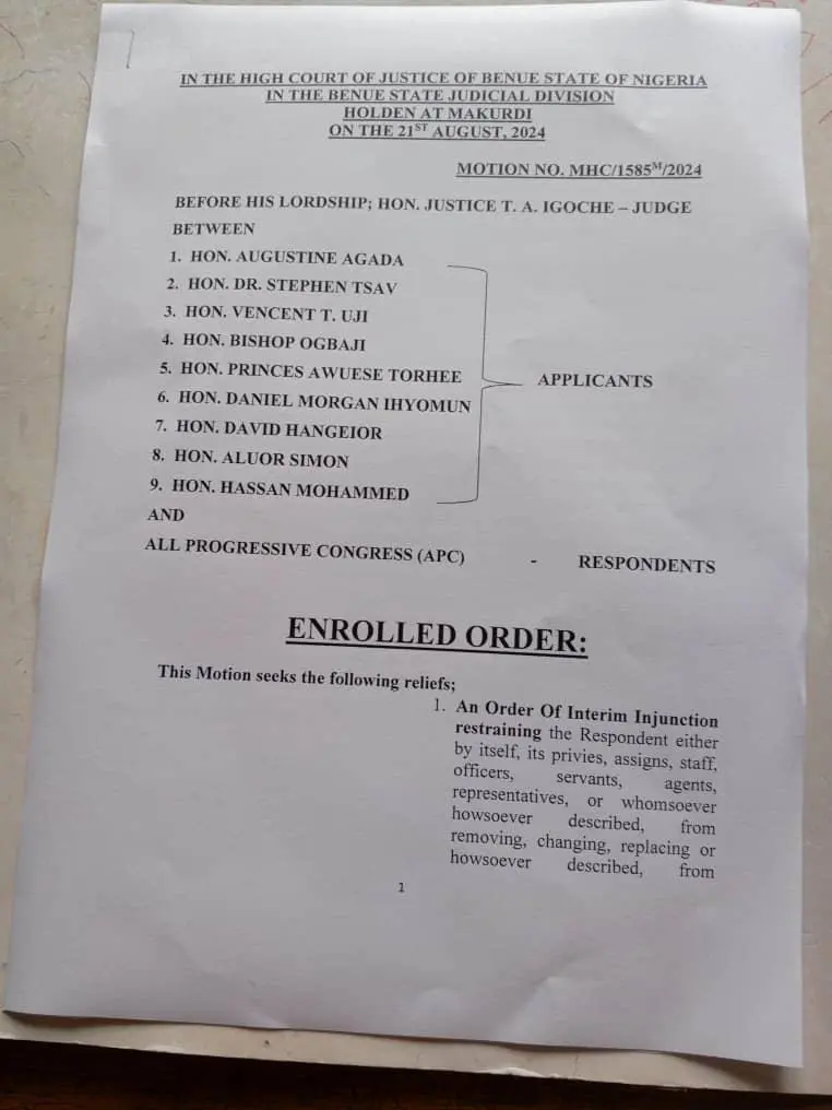 Benue High Court Restrains APC from Disbanding State Executive Committee 1 WhatsApp Image 2024 08 21 at 7.22.10 PM